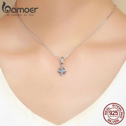 Bamoer Kompass-Anhänger aus 925er-Sterlingsilber, Emaille, blau, voll eingekreist, Zirkon-Perlen für Frauen, DIY-Halsketten-Zubehör, Kristall-Geschenk
