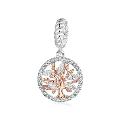 WOSTU Muttertags-Charm aus 925er-Sterlingsilber mit Rosenblüten-Anhänger, Baum des Lebens, Herzperlen, passend für Armbänder, Halsketten, DIY-Geschenk für Mama