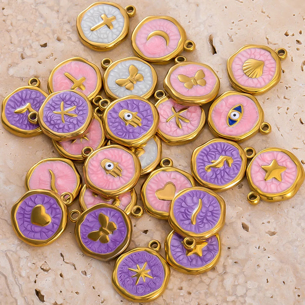 8 Stück Edelstahl Lila Rosa Emaille Herz Auge Sonne Mond Runde Anhänger für DIY Armband Ohrring Halskette Schmuckzubehör