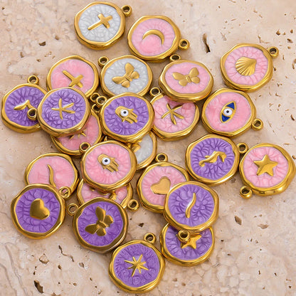 8 Stück Edelstahl Lila Rosa Emaille Herz Auge Sonne Mond Runde Anhänger für DIY Armband Ohrring Halskette Schmuckzubehör