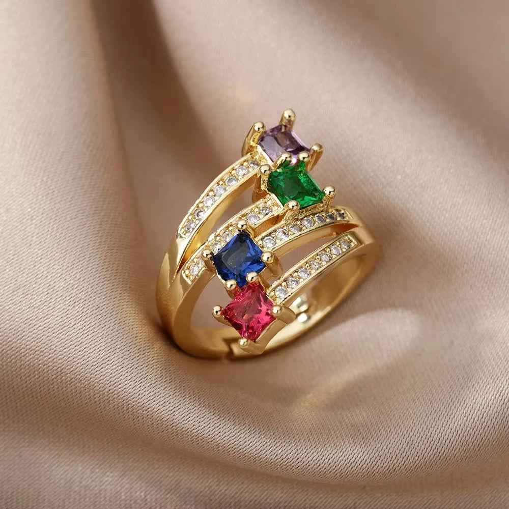 Luxus Edelstahl Ringe Vergoldet Bunte Stein Zirkon Kristall Herz Ring Für Frauen Hochzeit Boho Schmuck Weihnachtsgeschenk