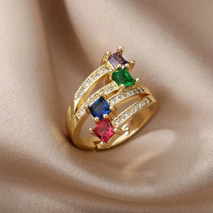Luxus Edelstahl Ringe Vergoldet Bunte Stein Zirkon Kristall Herz Ring Für Frauen Hochzeit Boho Schmuck Weihnachtsgeschenk