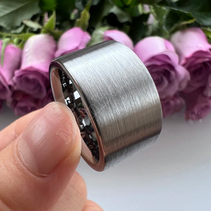 MenBand 10 mm 12 mm großer Herrenring, schwarzer Wolfram-Ehering, flaches Band und gebürstete Oberfläche, bequeme Passform