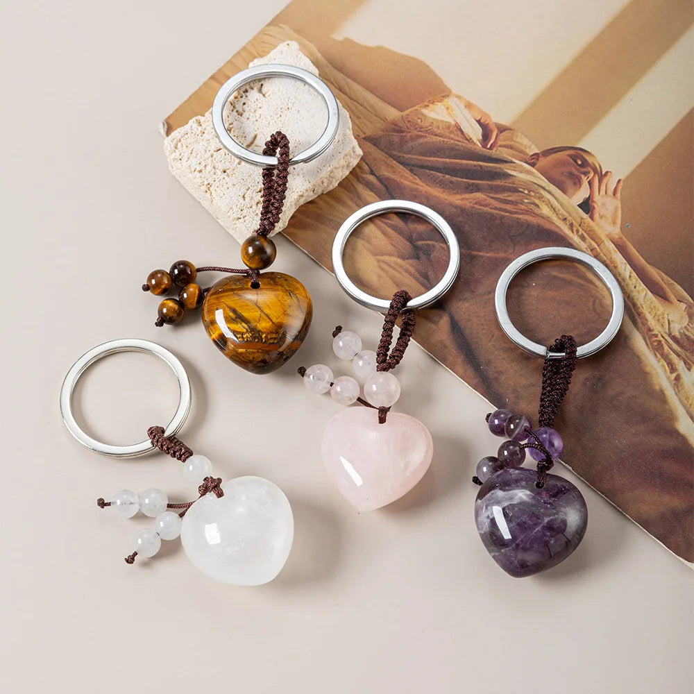 1PC Naturstein Herz Schlüsselanhänger Heilkristall Stein Rosenquarz Schmuck Quaste Schlüsselanhänger Taschenanhänger für Handtaschen