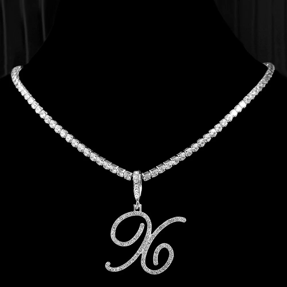 Neue Kursive Buchstaben Kubische Zirkonia Kette Initialen Namenskette Hip-Hop Schmuck Gold Silber Farbe CZ 26 Alphabet Anhänger Halsketten