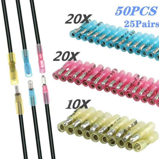 50 Stück Wärmeschrumpf-Kabelverbinder, Weiblich und Männlich, Elektrische Drahtverbinder, Crimpklemmen 10-22AWG, Wasserdicht