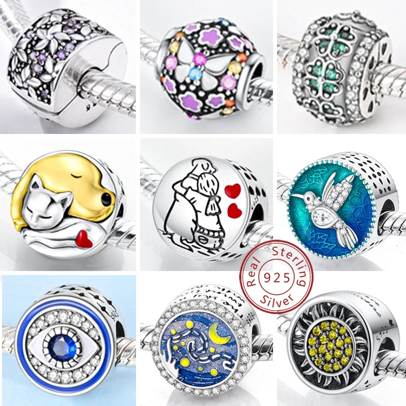 Silber-Charm, 925er-Sterlingsilber, Clip-Charms, Sicherheitsketten-Charm, CZ-Pavé, runde Clip-Perlen, passend für Original-Armbänder, Schmuckherstellung