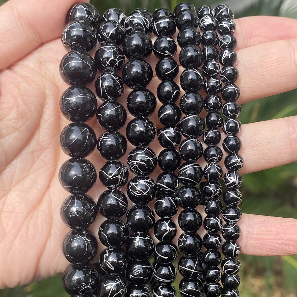 Natürliche Stein Perlen 6 8 10 12mm Schwarz Gold Farbe Linie Achate Runde Perlen Für Schmuck Machen DIY handgemachte Armband Halskette 15''