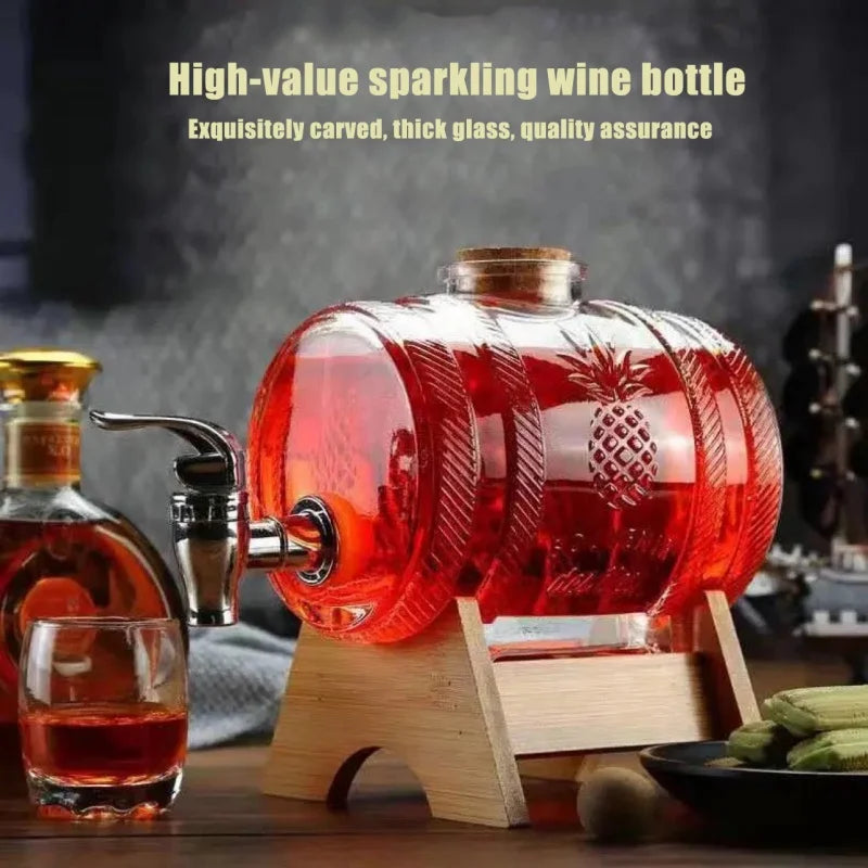 1L Glas Whisky Barrel Wein Barrel Chopp Brummstimme Bier Flasche Obst Wein Aging Alkohol Honig Lagerung Container Mit Basis Wasserhahn