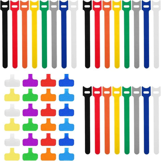 【48-teiliges Kabelbinder- und Etiketten-Set】 24 Nylon-T-Klettverschlussbänder + 24 Etikettentaschen, wiederverwendbares Kabelmanagement-Set für Computer, Schreibtisch