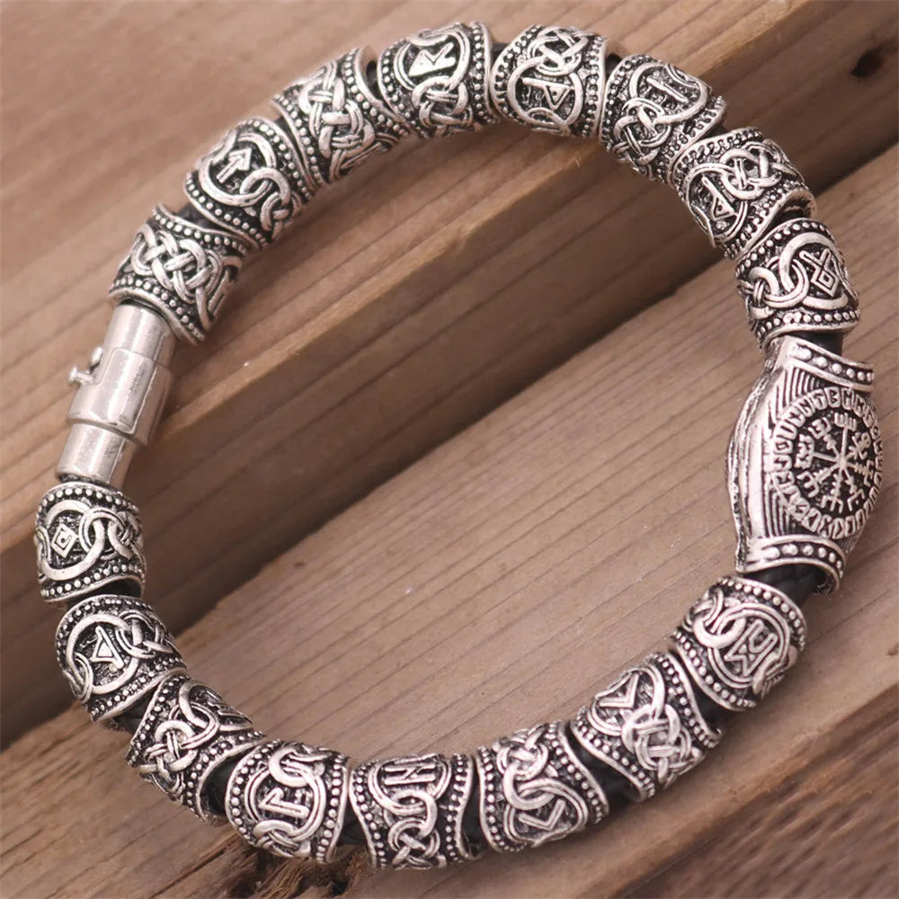 Mkendn Wikinger Accessoires Runen Perlen DIY Schmuck Herren Damen Wikinger Leder Armreifen mit Charms Bart Perlen