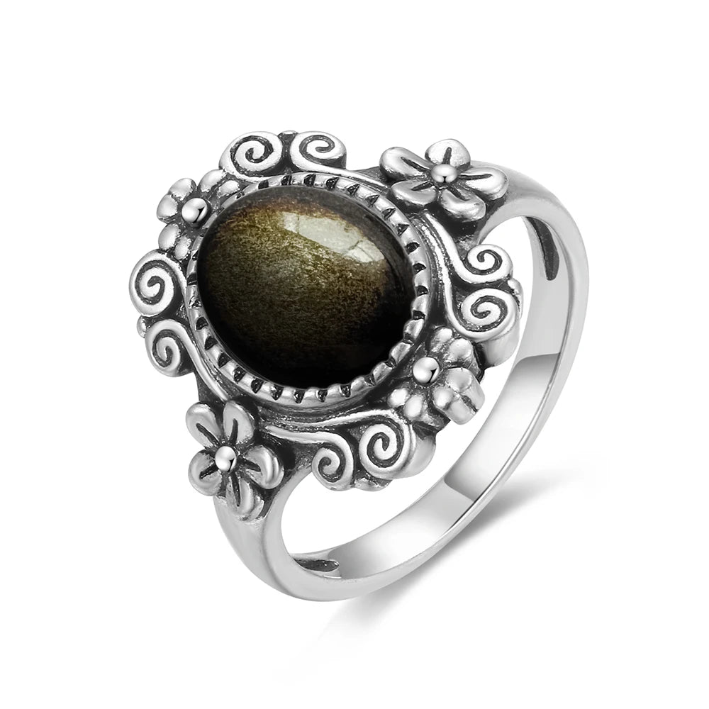 Vintage S925 Sterling Silber Ring Oval Runde Natürliche Obsidian Ring Sonne Und Blume Geformt Retro Edlen Schmuck Für Frauen Männer