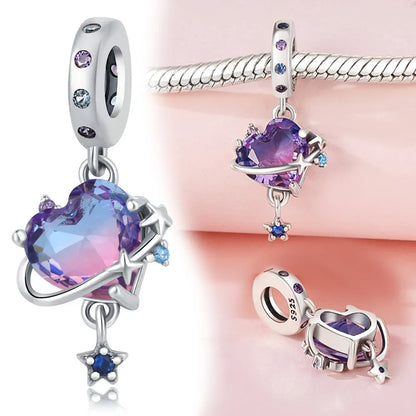 Charm-Anhänger aus 925er-Sterlingsilber, lila Herz, Mond, Planet, Perlen, passend für Charms, Silber, Original-Armband für Damen, Schmuck