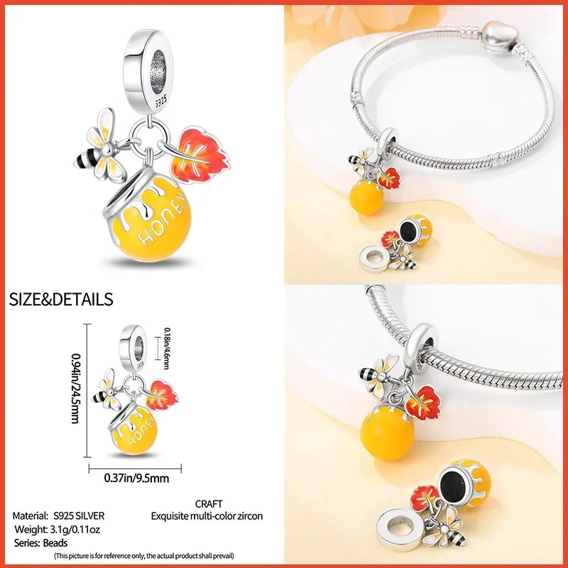 Charms-Perlen aus 925er-Sterlingsilber, modisches Biene- und Honigglas, Sonnenblume, Herbstserie, passend für Original-Armbänder, DIY-Schmuckherstellung