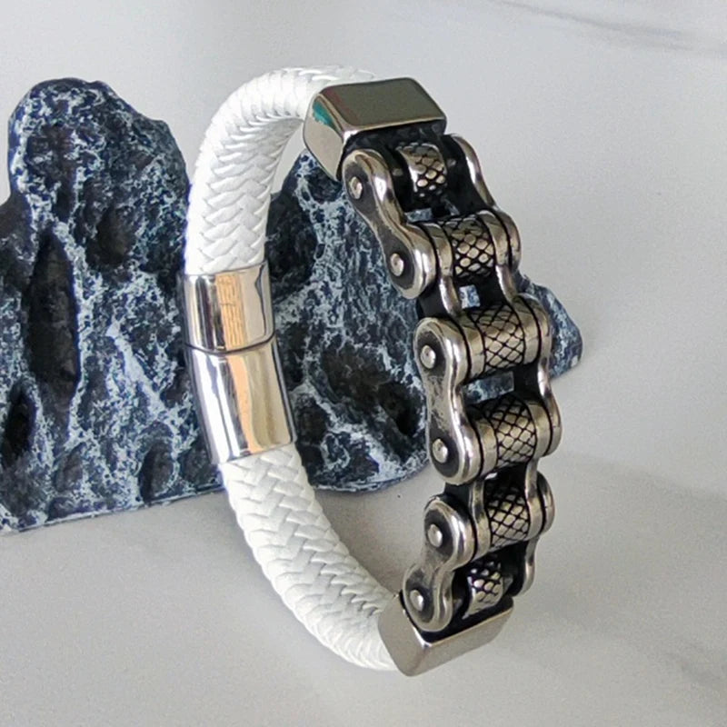Klassische Leder Armband Männer Lokomotive Kette Edelstahl Punk Magnetische Verschluss Armreifen für Freund Geschenk Charme Schmuck SP1555