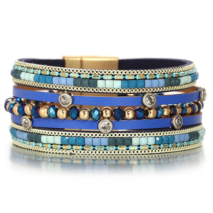 ALLYES Retro Blue Leather Bracelets for Women Men Boho Charm Pearl Crystal Heart Multilayer Wrap Bracelet &amp; Bangle Jewelry Gifts