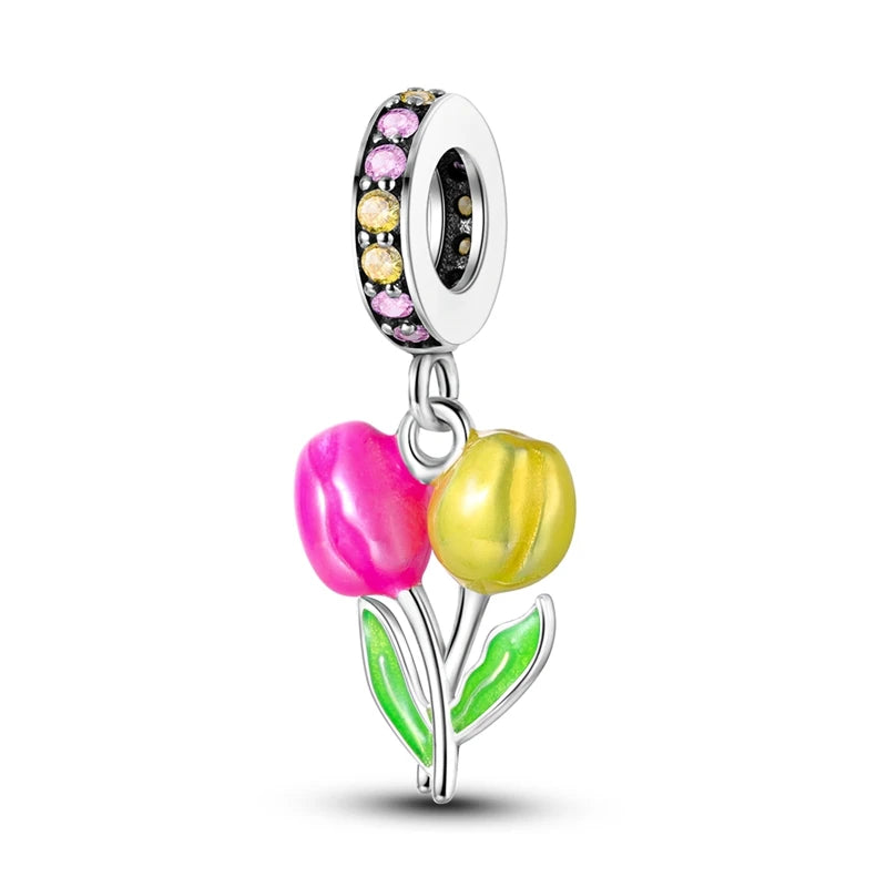 Blumen-Charms aus 925er Silber, Sonnenblumen-Tulpen-Anhänger, passend für Original-Pan-Armbänder zur Herstellung von Schmuck