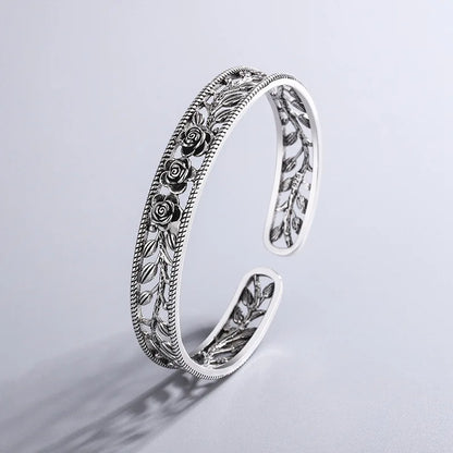 Neue Retro Rose Blatt Hohl Armbänder 925 Sterling Silber Schmuck Temperament Persönlichkeit Süße Blume Öffnung Armreifen TYB119