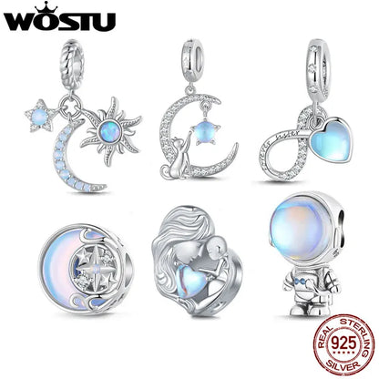 WOSTU 925 Sterling Silber Mondstein Charms Herz Perlen Astronaut Mond Anhänger Fit Original Armband DIY Halskette Schmuck Machen