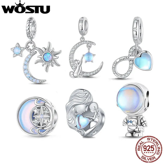 WOSTU 925 Sterling Silber Mondstein Charms Herz Perlen Astronaut Mond Anhänger Fit Original Armband DIY Halskette Schmuck Machen