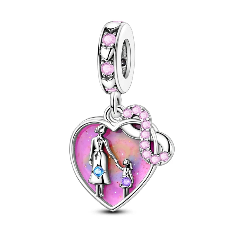 Romantische Schleifenperlen aus 925er-Sterlingsilber und herzförmiger, unendlicher baumelnder Charm, passend für Armbänder, schöne Schmuck-Accessoires, Geschenke