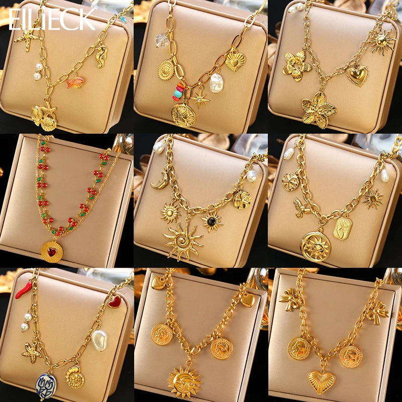 EILIECK 316L Edelstahl Sonne Herz Blume Anhänger Halskette 18K vergoldet Zubehör Charme handgemachten Schmuck für Frauen Mädchen