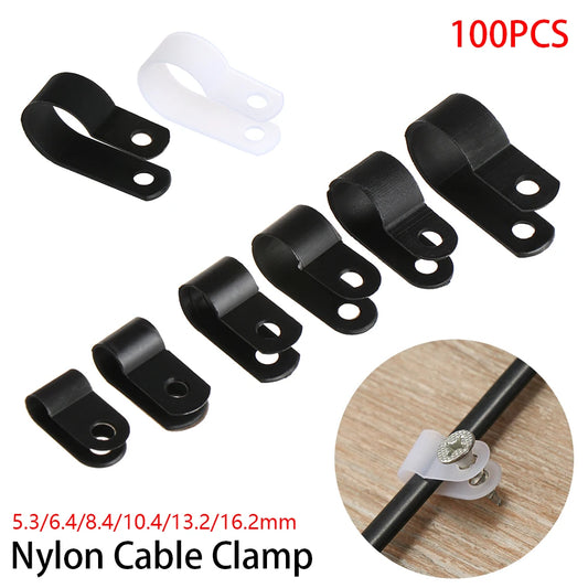 100PCS R-Typ Nylon Kabel Klemme Kunststoff P Clips Schwarz Nylon Befestigungen Kabel Montage Fix Hardware Elektrische Armaturen