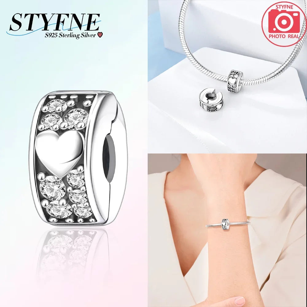 925er Silber eingelegte Zirkoniumblumen, vierblättriges Kleeblatt, Federn, Liebesbox-Clip, Charms, Abstandsperlen, passend für Armbänder, DIY-Schmuckmarkierung