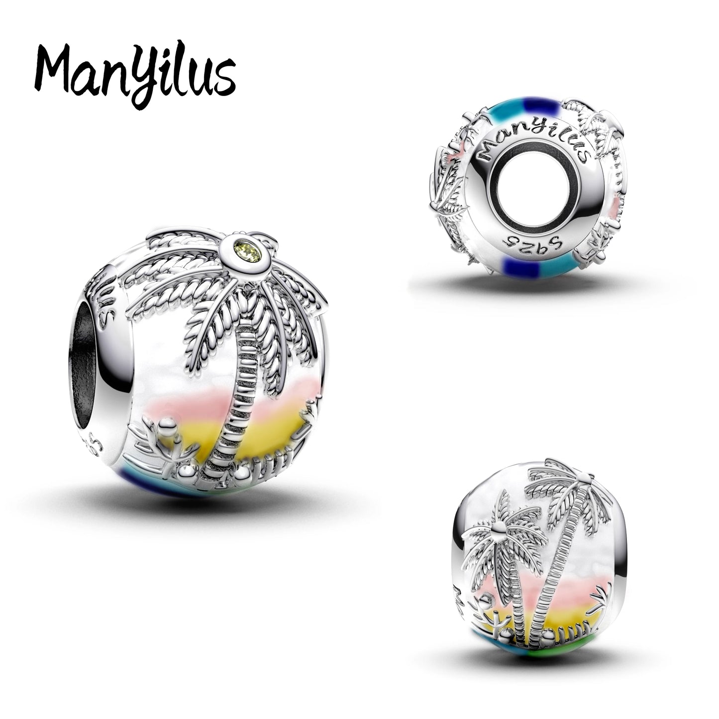 Manyilus S925 Silber Kokosnussbaum Strand Charm für Original Armband, Tropische Insel Schmuck Anhänger DIY, Sommer Urlaub Geschenk