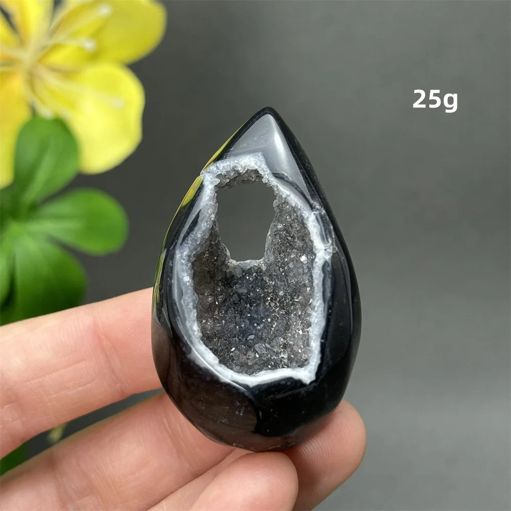 Natürlicher schwarzer Achat, Kristallloch, eiförmiger Kristall, Heilung, spirituelle Meditation, Mineralquarz, Aura, Energie, Heimdekoration