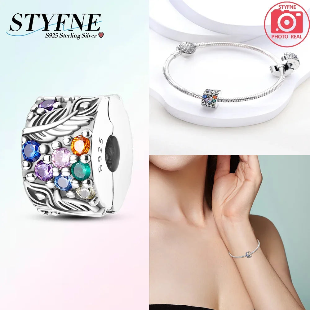 925er Silber eingelegte Zirkoniumblumen, vierblättriges Kleeblatt, Federn, Liebesbox-Clip, Charms, Abstandsperlen, passend für Armbänder, DIY-Schmuckmarkierung