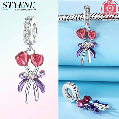 Romantische elegante Blumen-Charms aus 925er Silber, Sonnenblume, Tulpe, Rose, Nelke, Anhänger, passend für Original-Armbänder, DIY-Herstellung von Schmuck, Geschenken