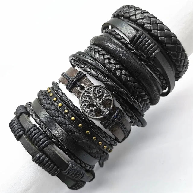 10 Pcs/Set Black Wrap Woven New Fashion Handmade Men Bracelets Male Women Leather Bracelets Men Bangle Wholesale Jewelry Gift