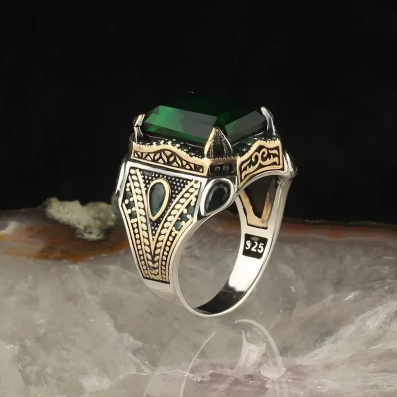 Retro handgemachte türkische Siegelringe für Männer alte silberne Farbe geschnitzten Ring mystischen Zirkon Inlay neuen Punk Motor Biker Ring