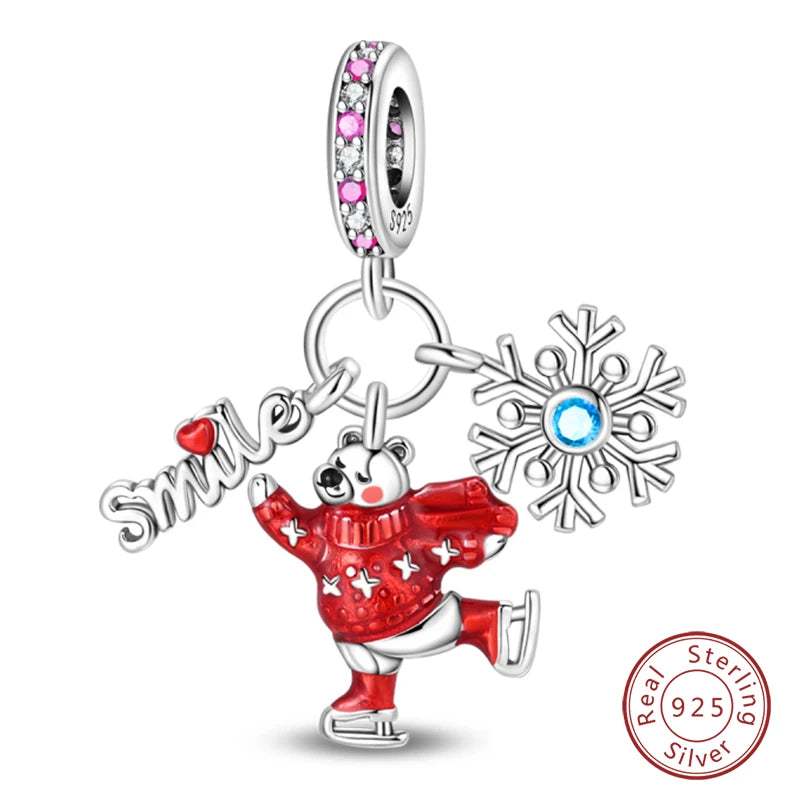 Winter-Charm, Original-Charm-Anhänger aus 925er-Sterlingsilber, Schneeflocke, Schneemann, Pinguin, für Frauen, feiner DIY-Geburtstagsschmuck, Geschenke