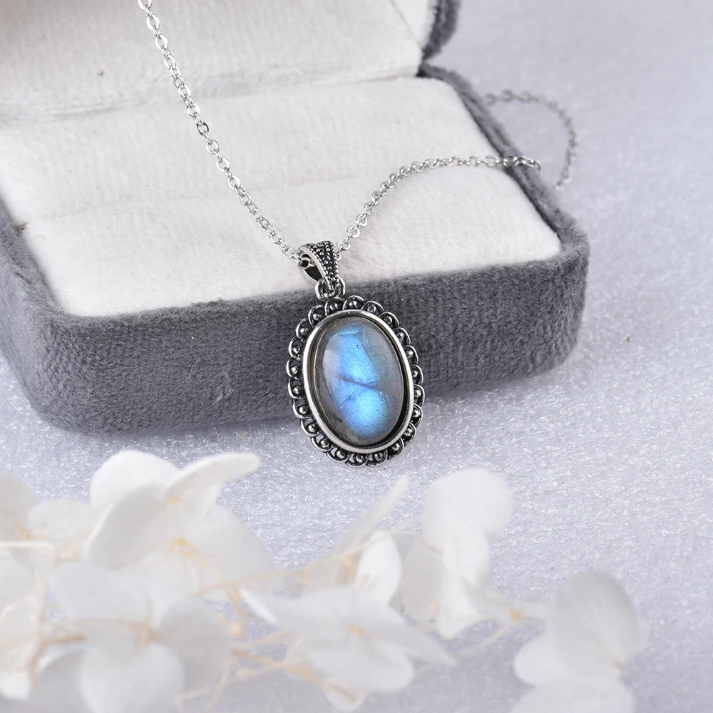 ITSMOS Halskette mit Anhänger aus natürlichem Labradorit, versilbert, schlichter Stein, Vintage-Mode, eleganter Schmuck für Frauen, romantisch