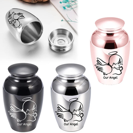 Kleine Andenkenurne für menschliche Asche, Feuerbestattungsurne, Engelsflügel, Mini-Urne, Aschenhalter aus Aluminiumlegierung, kleine Aschenurne – Unser Engel