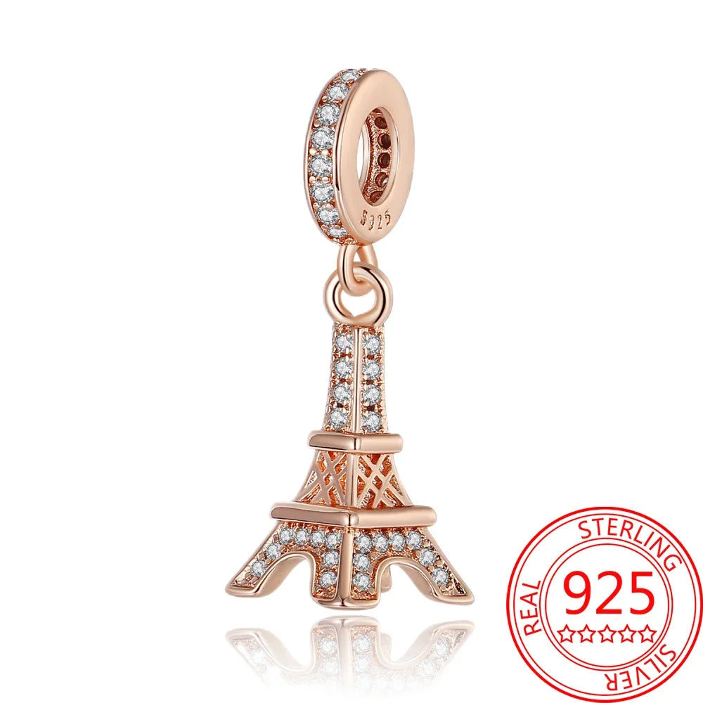 Kreativer Doppel-Charm aus 925er-Sterlingsilber, Eiffelturm, goldenes Herz, passend für DLY-Armbänder, Halsketten, Damen-Dating-Schmuck-Accessoires