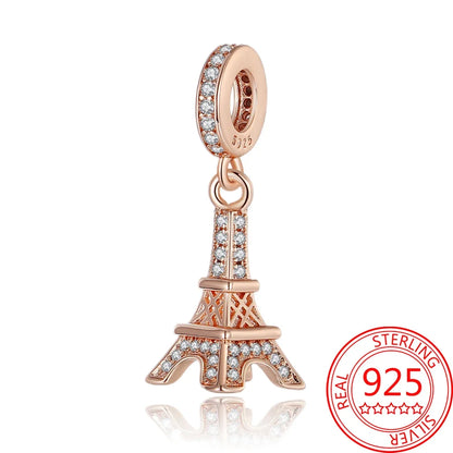 Kreativer Doppel-Charm aus 925er-Sterlingsilber, Eiffelturm, goldenes Herz, passend für DLY-Armbänder, Halsketten, Damen-Dating-Schmuck-Accessoires