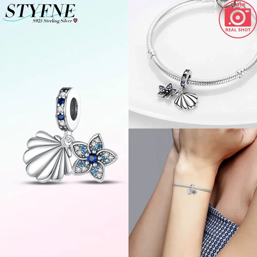 Charms aus 925er-Sterlingsilber, Perlen-Anhänger, Muschel, Delfin, Hippocampus, blauer Charm für Damen, Armband, Schmuck, Geschenk