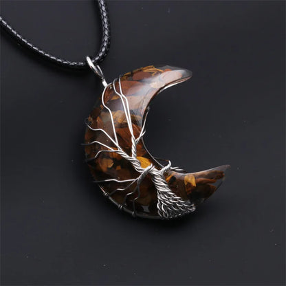 Natürliche Kristall Mond Anhänger Halskette Baum des Lebens Amethyst Reiki poliert Mineral Schmuck Heilstein für Männer Frauen Schmuck