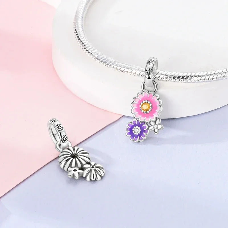 Romantische elegante Blumen-Charms aus 925er Silber, Sonnenblume, Tulpe, Rose, Nelke, Anhänger, passend für Original-Armbänder, DIY-Herstellung von Schmuck, Geschenken