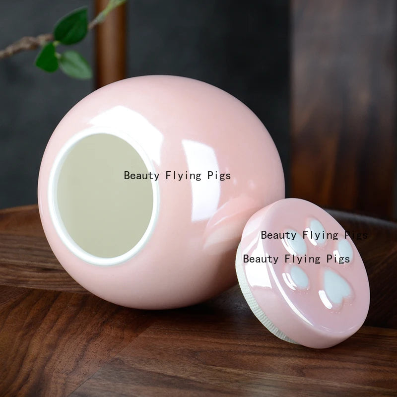 1 Piece Pink Ceramic Urn with Claw Print for Ashes, Small Cat and Dog Ceramic Ash Storage Jar, Pink Pet Hair Jar, Pet Funeral Supplies