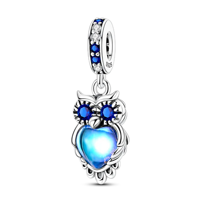 Charm-Anhänger aus 925er-Sterlingsilber mit Herzrahmen, Eule und Baum, blauer Zirkon, eingelegte passende Armbänder, süßer Schmuck, Geschenk für Frauen