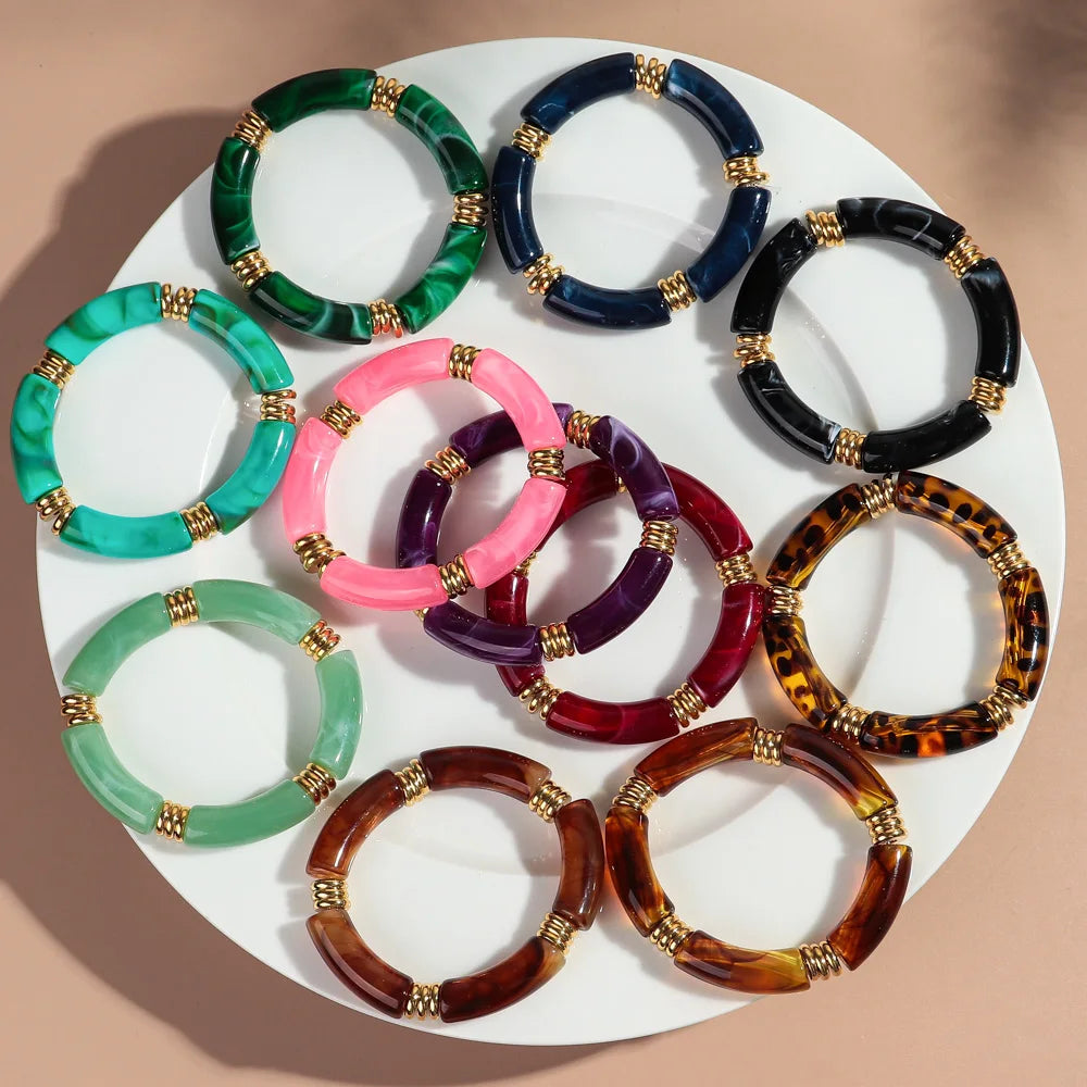 Vintage Chunky Bamboo Elbow Acrylic Bracelets for Women Men Rock Punk Stretch Large Curved Tube Stacking Bangle Couple Jewelry Gifts