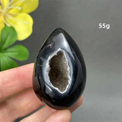 Natürlicher schwarzer Achat, Kristallloch, eiförmiger Kristall, Heilung, spirituelle Meditation, Mineralquarz, Aura, Energie, Heimdekoration