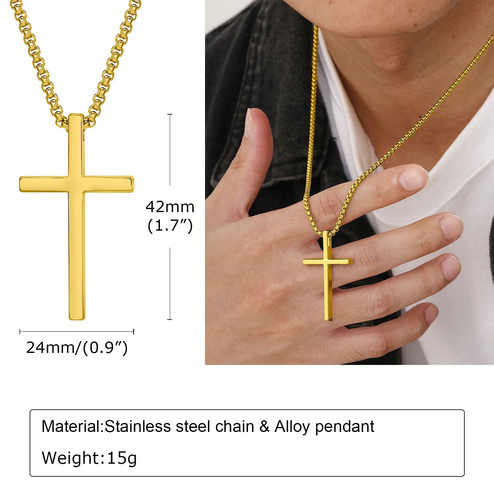 Vnox Kreuz-Halskette für Männer und Frauen, silberfarbenes, schlichtes Kreuz-Anhänger-Kragen mit Edelstahl-Kastenkette