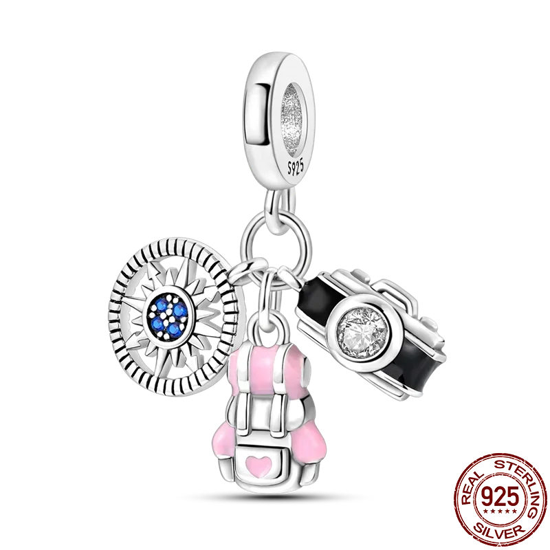 925er Sterlingsilber, modisch, bunt, Kamera, Gepäck, Reisen, Rucksack, Anhänger, Charms, Perlen, passend für Armbänder, DIY-Jubiläumsschmuck