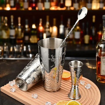Elegantes Edelstahl Boston Cocktail Shaker Set 500/700ml+30/60ml Jigger — Graviert, Barkeeper, Barzubehör, Mixer, Professionell
