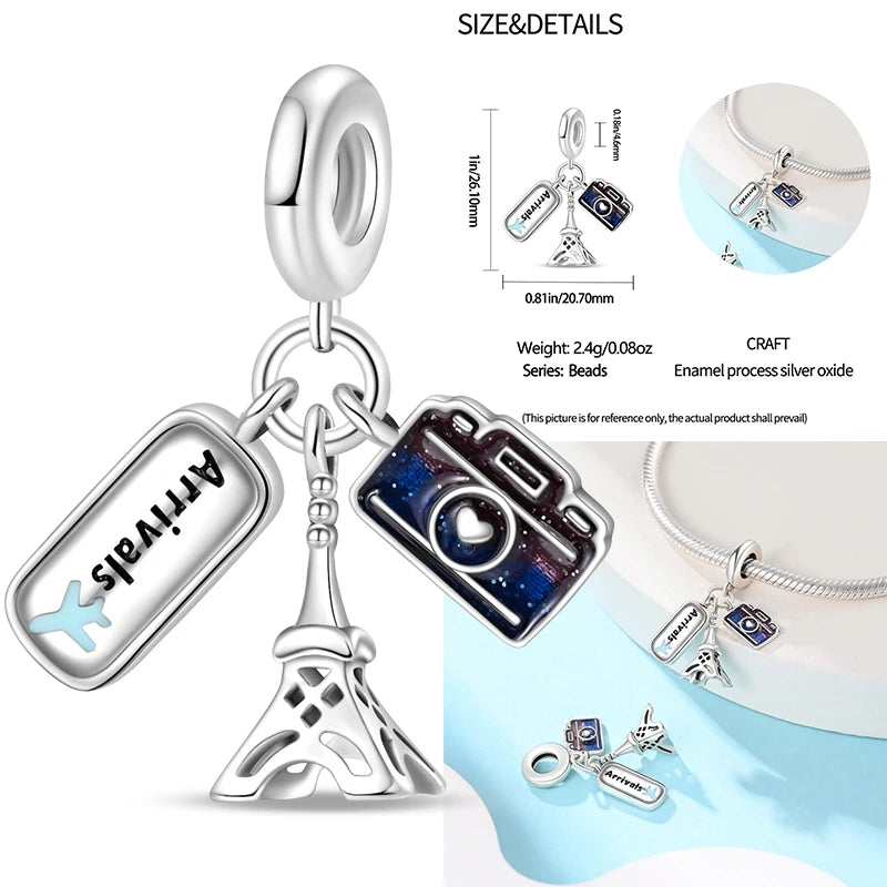 925er Sterlingsilber, modisch, bunt, Kamera, Gepäck, Reisen, Rucksack, Anhänger, Charms, Perlen, passend für Armbänder, DIY-Jubiläumsschmuck